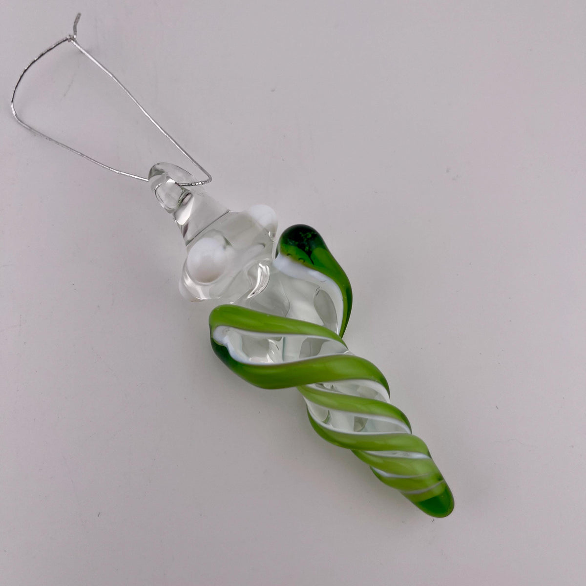 Mini Glass Icicle Ornament with Plantphibian Green over Lotus White Color Twist - JeffBeckerGlass.com