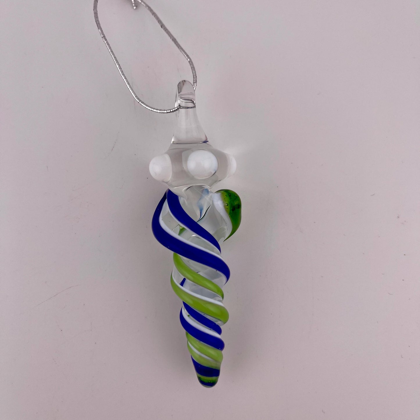 Mini Glass Icicle Ornament with Plantphibian Green and Cobalt Blue over Lotus White Color Twist