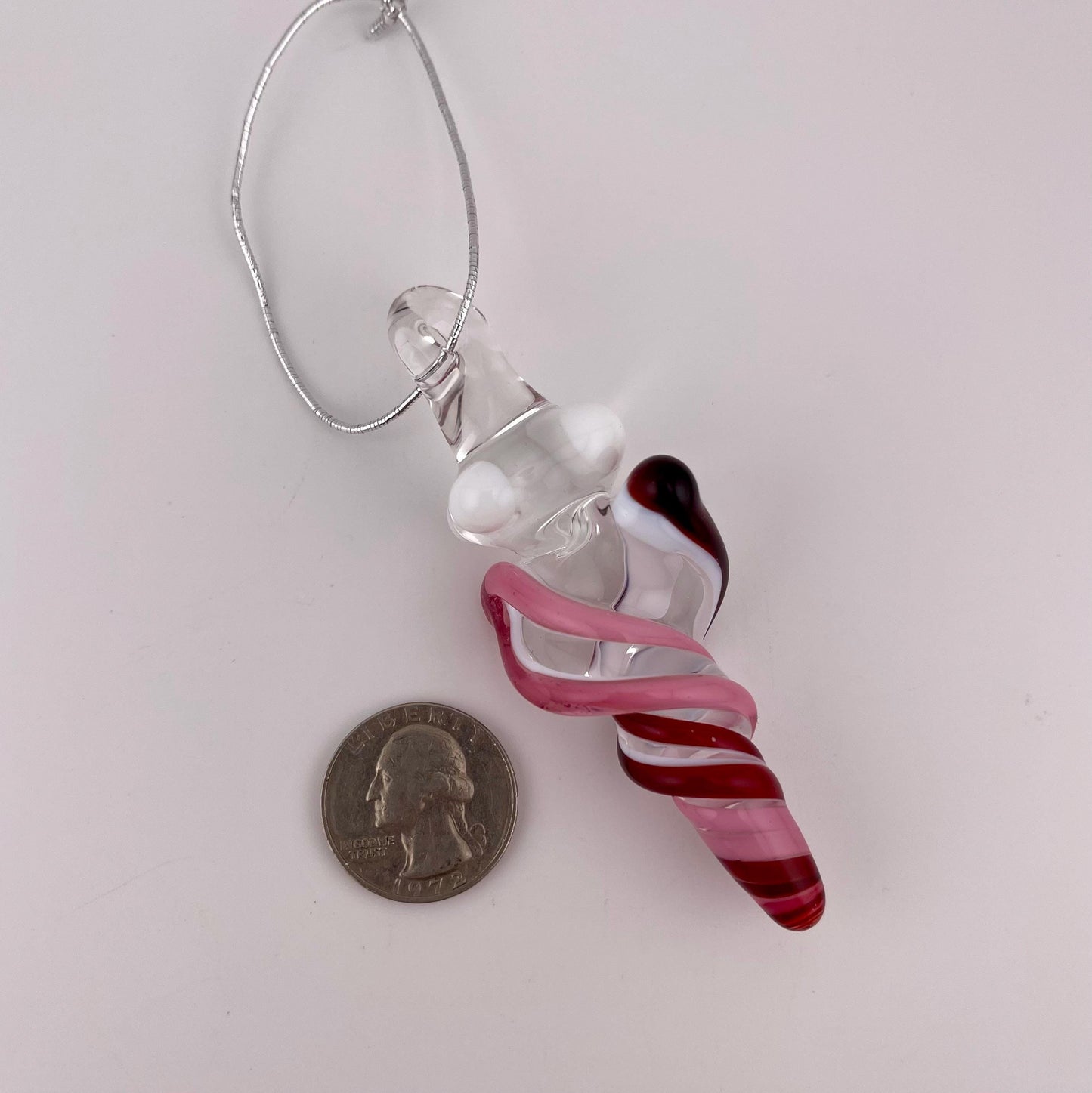 Mini Glass Icicle Ornament with Pink and Elvis Red over Lotus White Color Twist