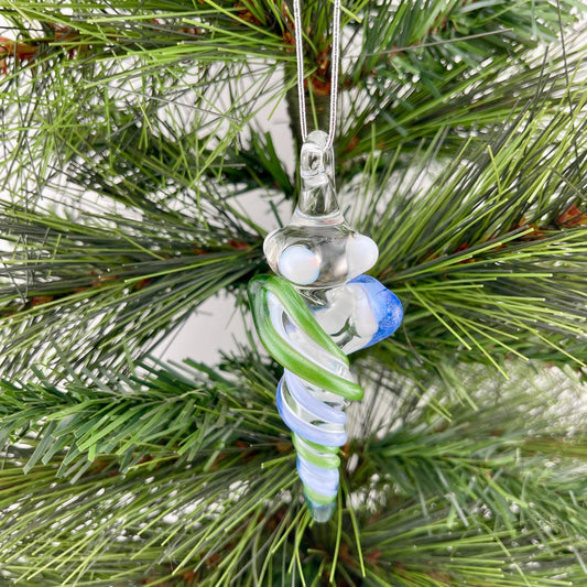 Mini Glass Icicle Ornament with Sparkly Green and Light Blue over Lotus White Color Twist - JeffBeckerGlass.com