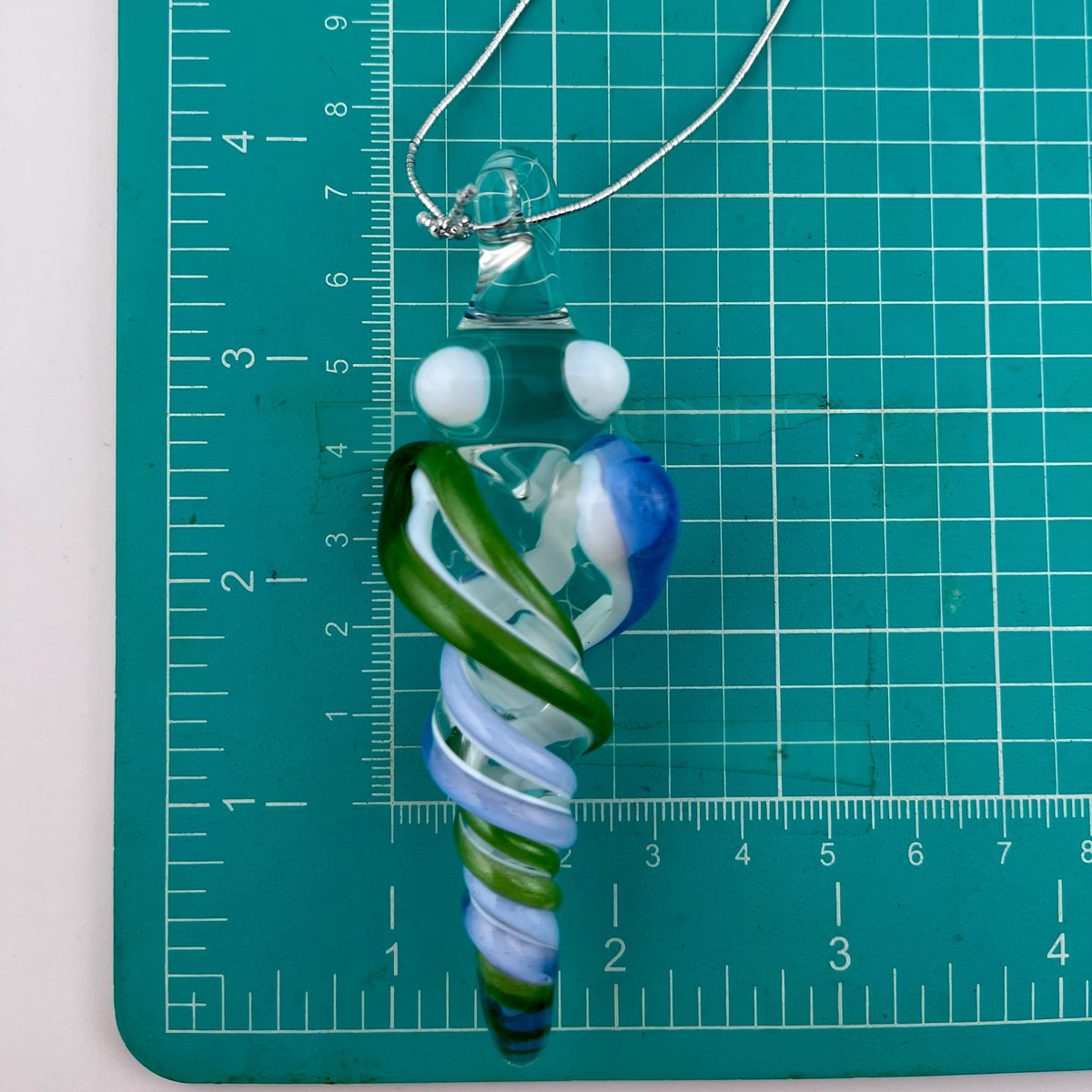 Mini Glass Icicle Ornament with Sparkly Green and Light Blue over Lotus White Color Twist - JeffBeckerGlass.com