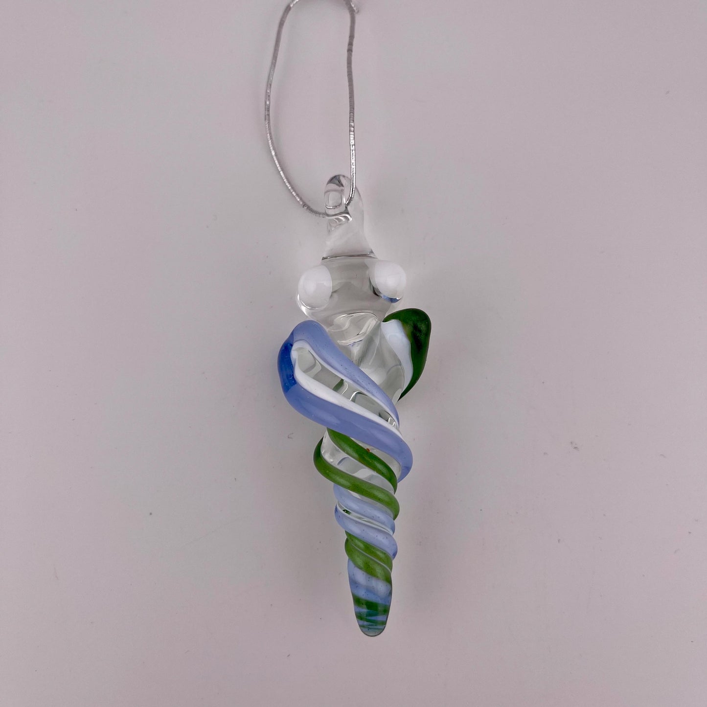 Mini Glass Icicle Ornament with Sparkly Green and Light Blue over Lotus White Color Twist