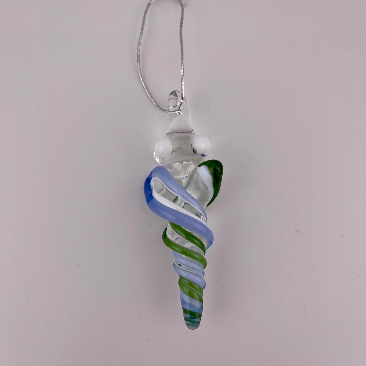 Mini Glass Icicle Ornament with Sparkly Green and Light Blue over Lotus White Color Twist - JeffBeckerGlass.com