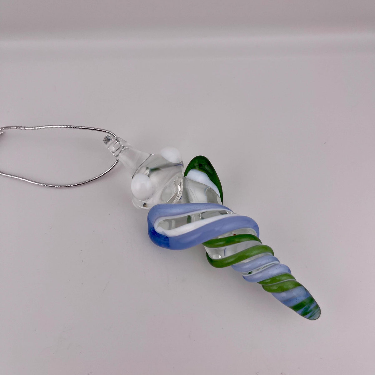 Mini Glass Icicle Ornament with Sparkly Green and Light Blue over Lotus White Color Twist - JeffBeckerGlass.com