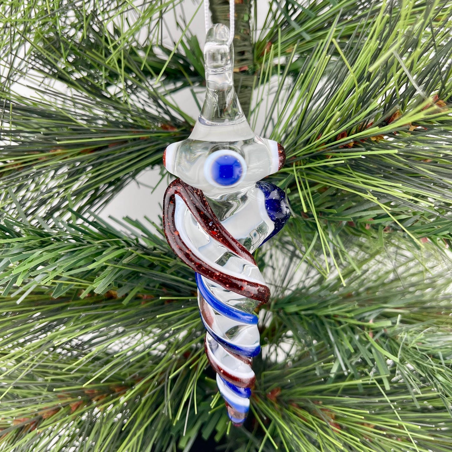 Large Blizzard Red and Blizzard Blue over Lotus White Glass Icicle Christmas Ornament - JeffBeckerGlass.com