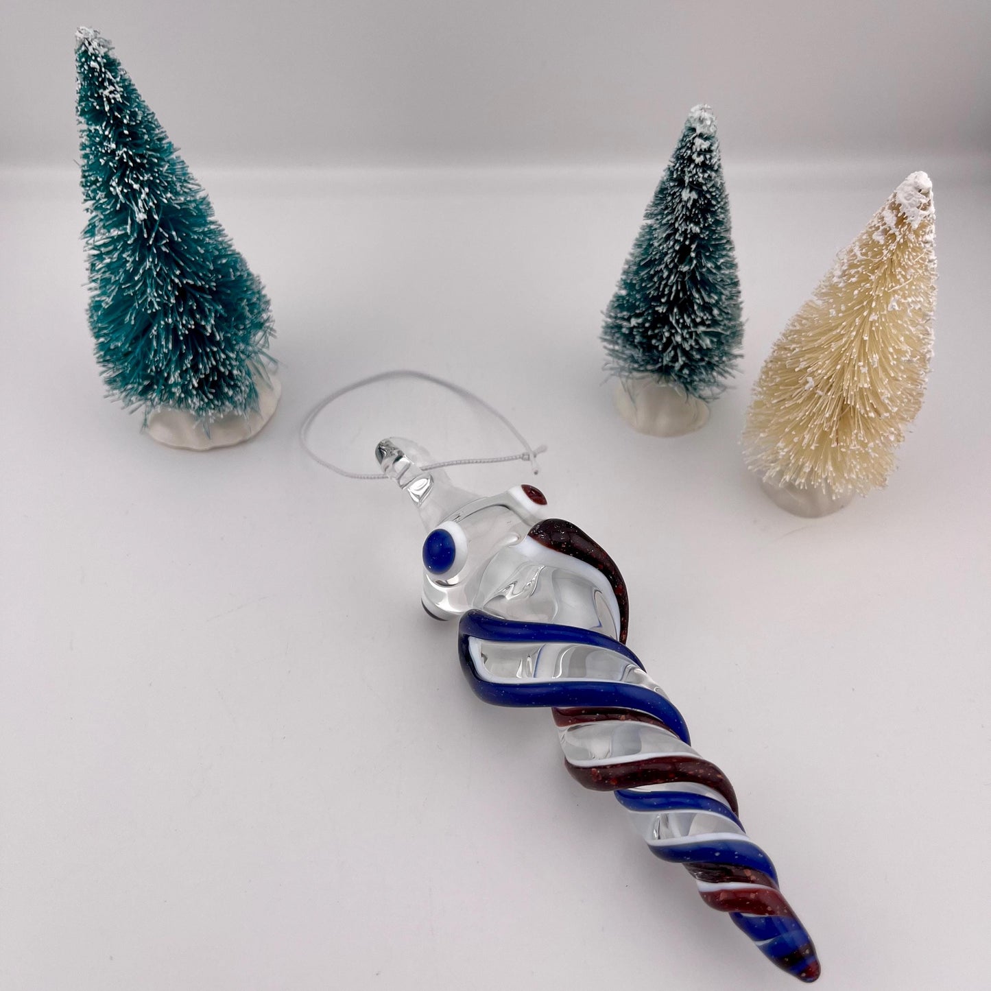 Large Blizzard Red and Blizzard Blue over Lotus White Glass Icicle Christmas Ornament - JeffBeckerGlass.com
