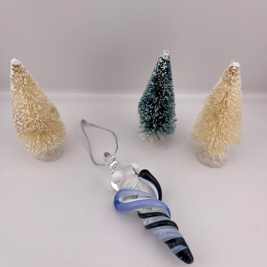 Mini Glass Icicle Ornament with Heavy Blue Leprechaun and Light Blue over Lotus White Color Twist - JeffBeckerGlass.com