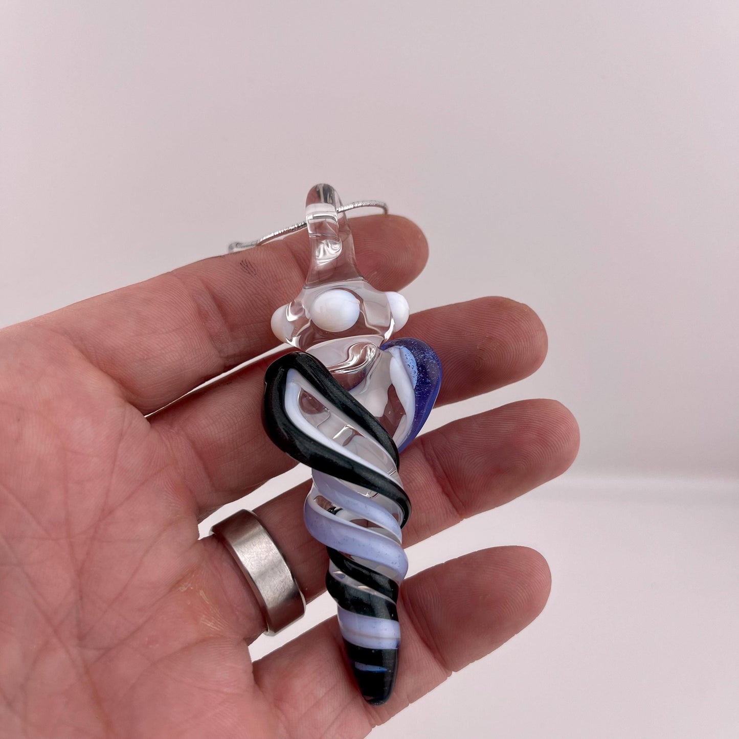 Mini Glass Icicle Ornament with Heavy Blue Leprechaun and Light Blue over Lotus White Color Twist