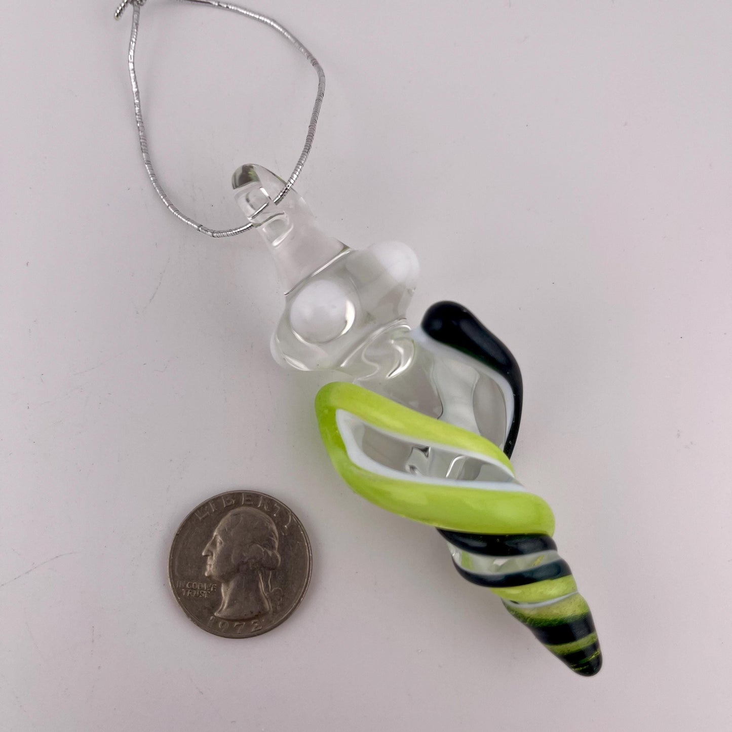 Mini Glass Icicle Ornament with Slymm Green and Sparkly Blue over Lotus White Color Twist - JeffBeckerGlass.com