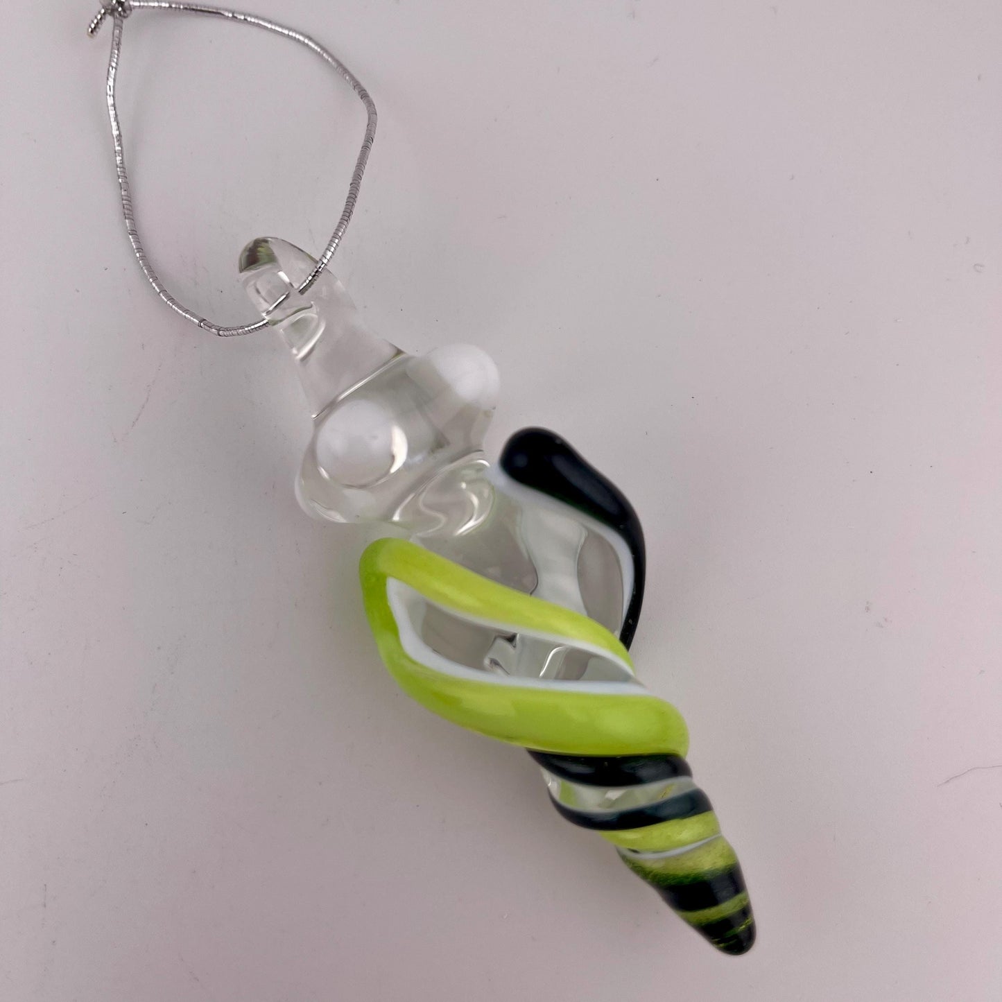 Mini Glass Icicle Ornament with Slymm Green and Sparkly Blue over Lotus White Color Twist - JeffBeckerGlass.com