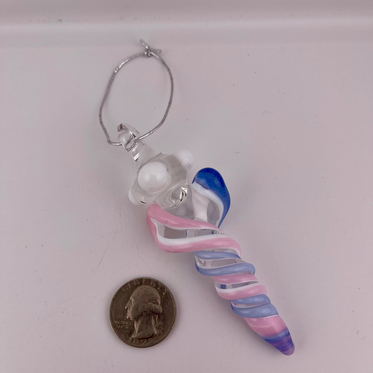 Mini Glass Icicle Ornament with Pink and Light Blue over Lotus White Color Twist - JeffBeckerGlass.com