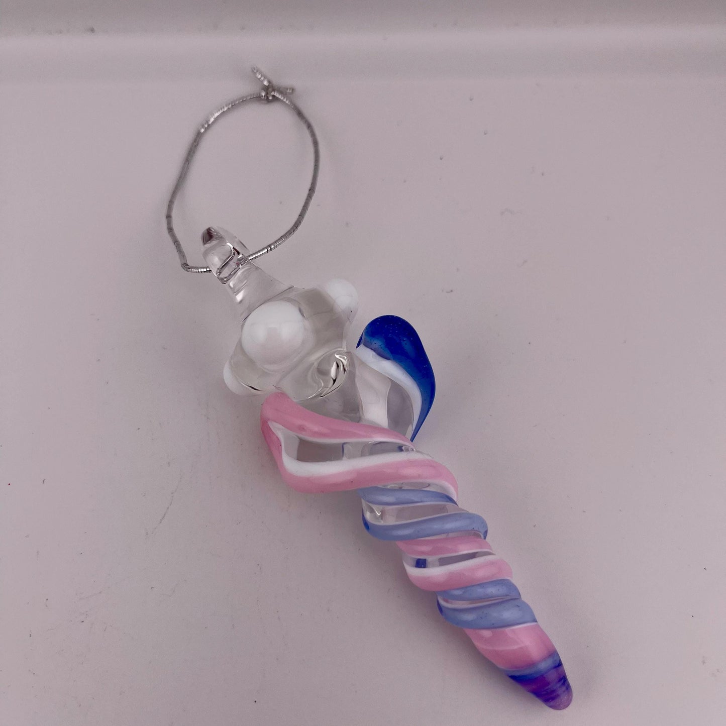Mini Glass Icicle Ornament with Pink and Light Blue over Lotus White Color Twist - JeffBeckerGlass.com