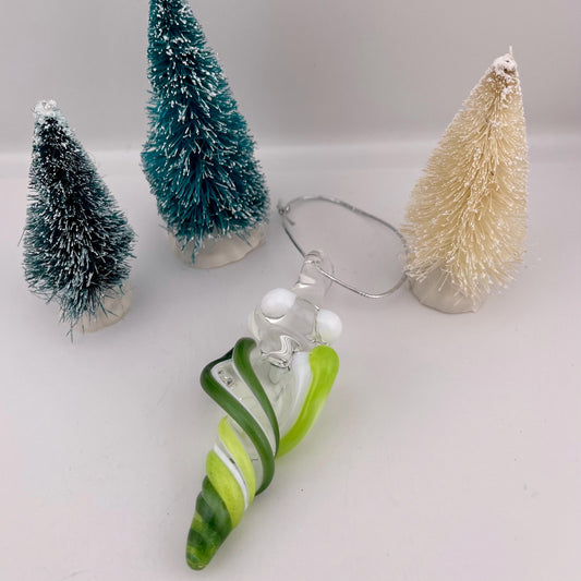 Mini Glass Icicle Ornament with Slymm Green and Sparkly green over Lotus White Color Twist - JeffBeckerGlass.com