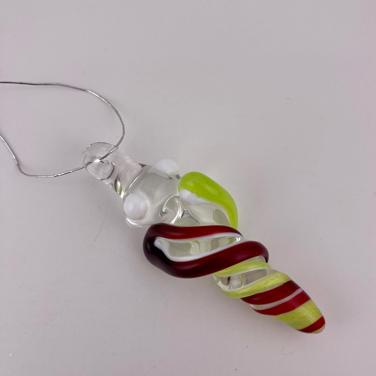 Mini Glass Icicle Ornament with Elvis Red and Green Slime over Lotus White Color Twister - JeffBeckerGlass.com