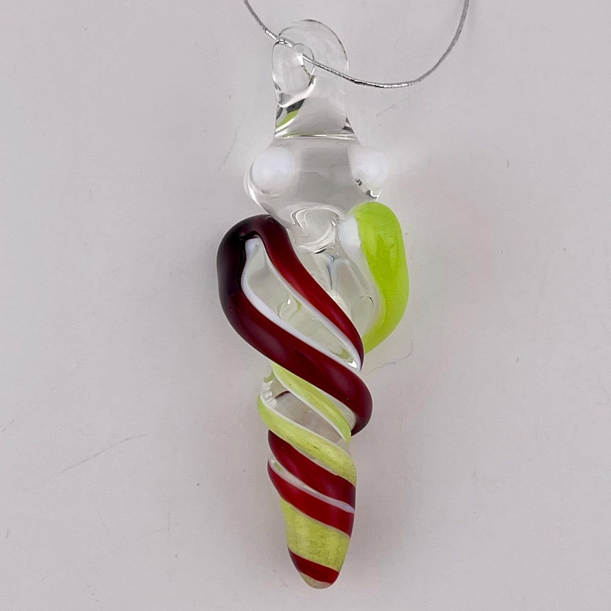 Mini Glass Icicle Ornament with Elvis Red and Green Slime over Lotus White Color Twister - JeffBeckerGlass.com