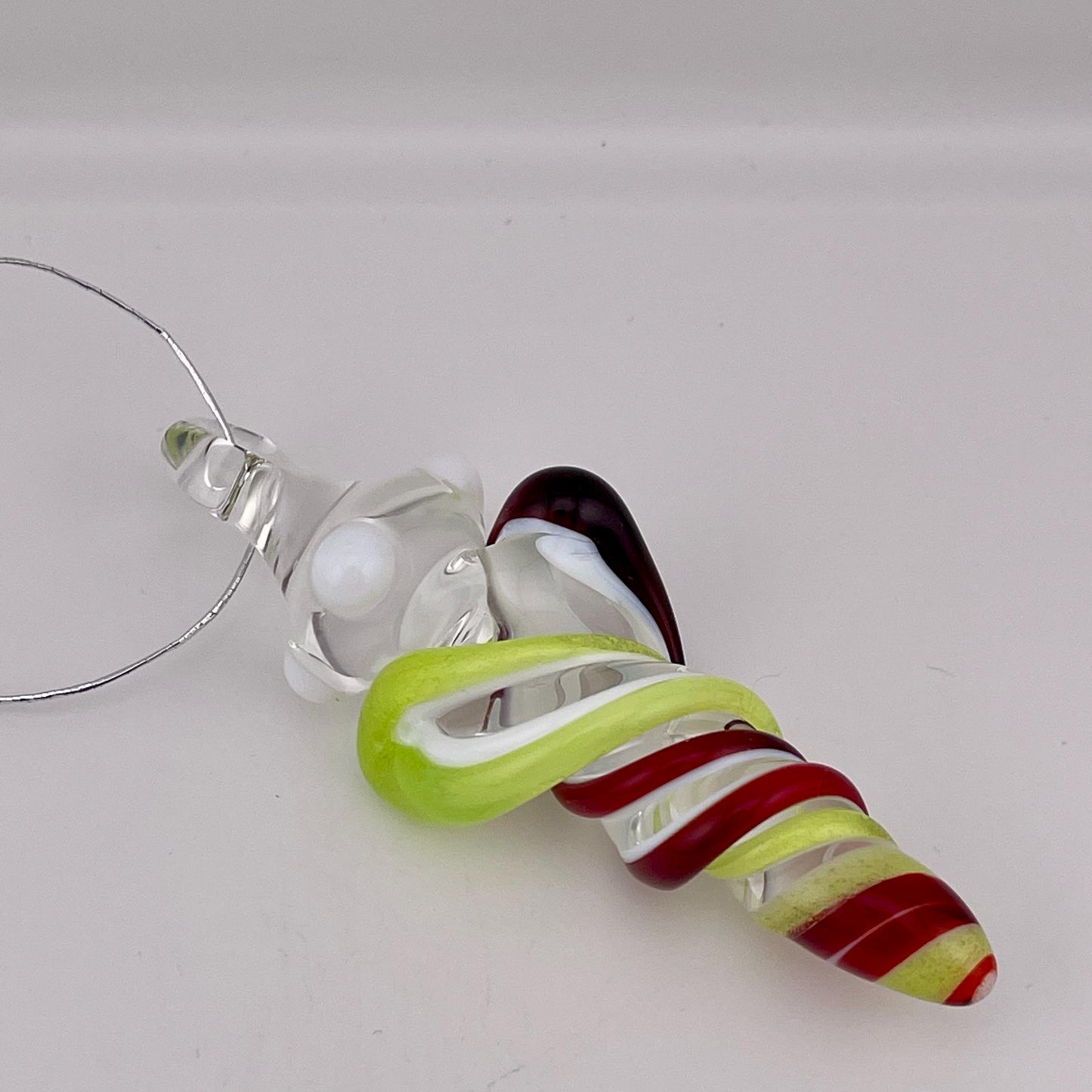 Mini Glass Icicle Ornament with Elvis Red and Green Slime over Lotus White Color Twister - JeffBeckerGlass.com