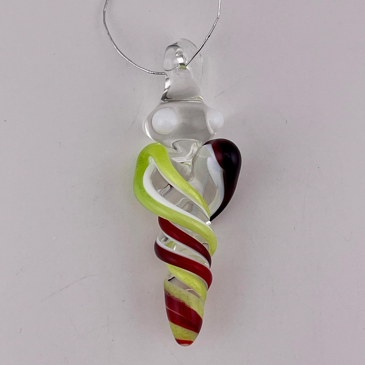 Mini Glass Icicle Ornament with Elvis Red and Green Slime over Lotus White Color Twister - JeffBeckerGlass.com