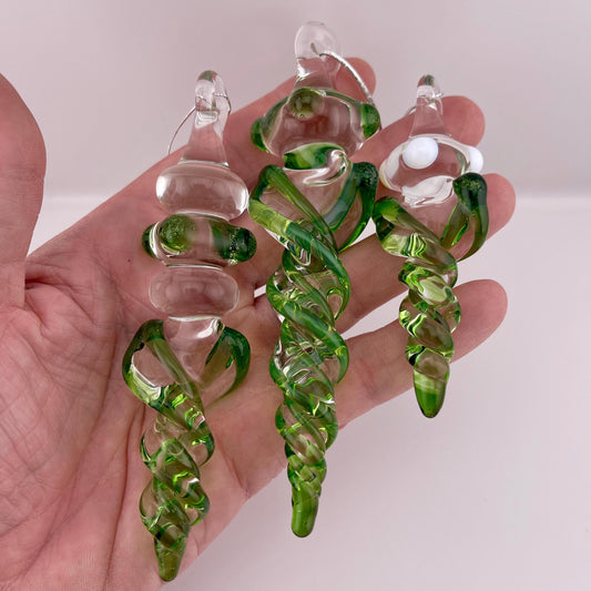 3 Pack of Plantphibian Green Glass Icicle Ornament Designs “Holiday Special” - JeffBeckerGlass.com