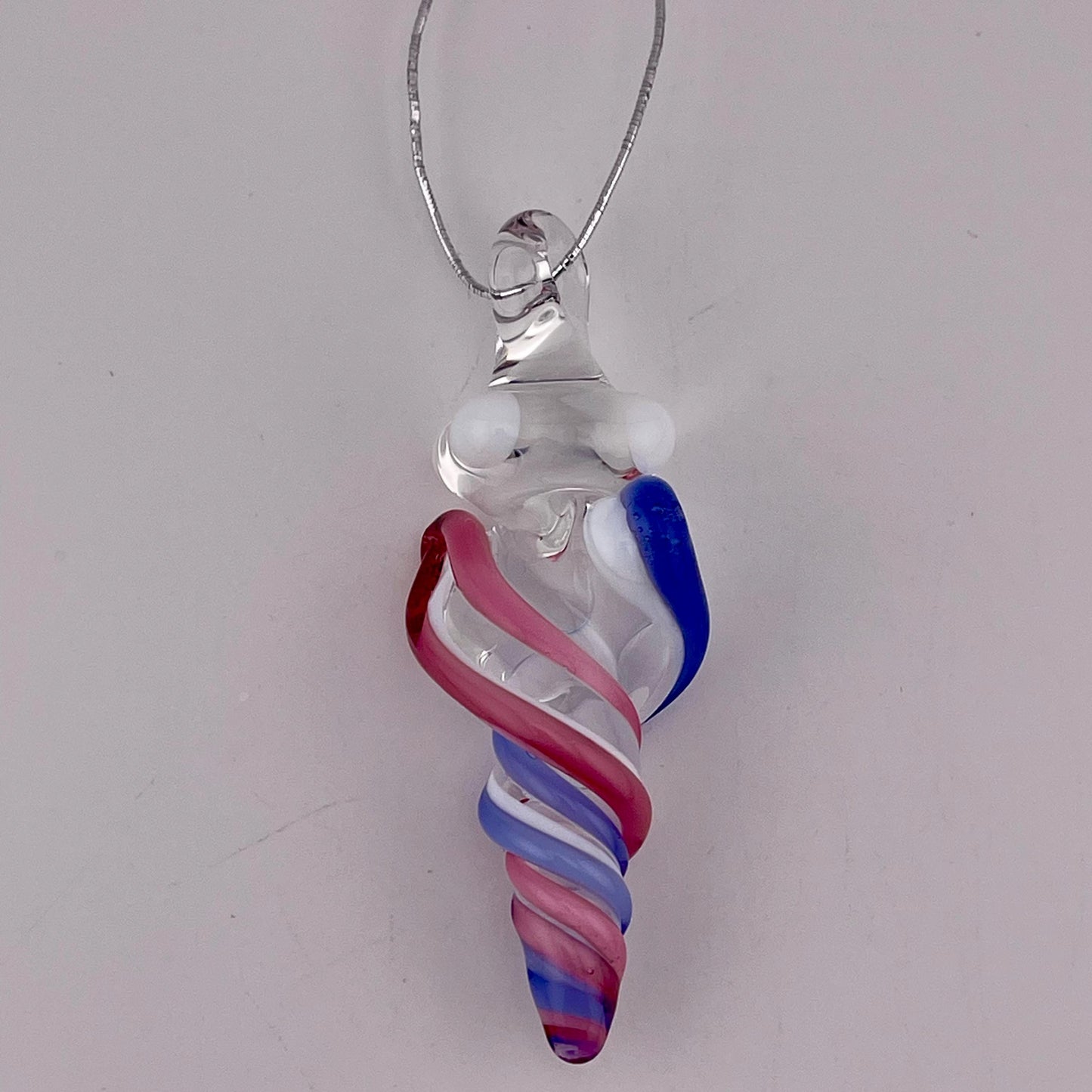 Mini Glass Icicle Ornament with Telemagenta and Light Blue over Lotus White Color Twist