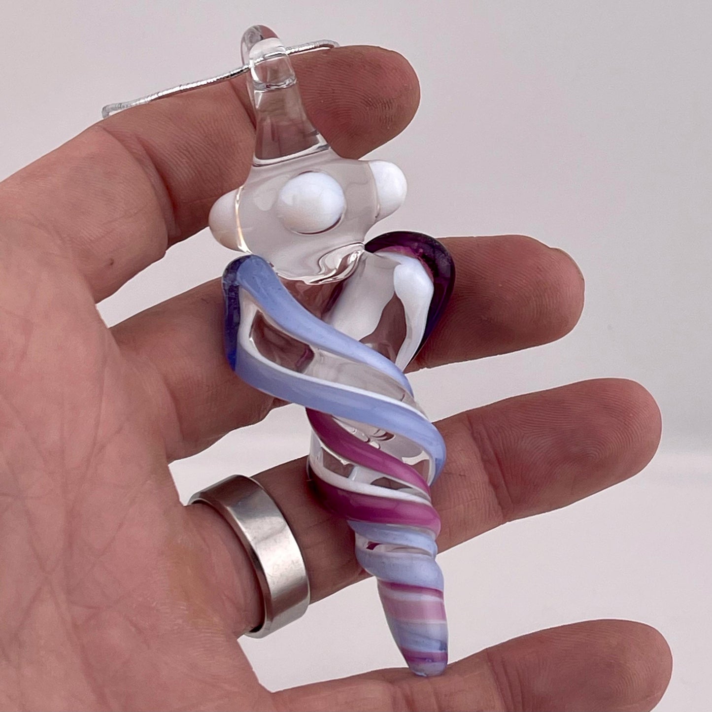 Mini Glass Icicle Ornament with Royal Jelly and Light Blue over Lotus White Color Twist