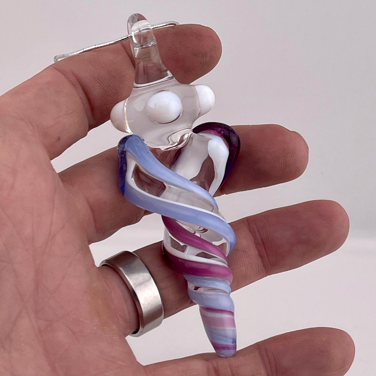 Mini Glass Icicle Ornament with Royal Jelly and Light Blue over Lotus White Color Twist - JeffBeckerGlass.com