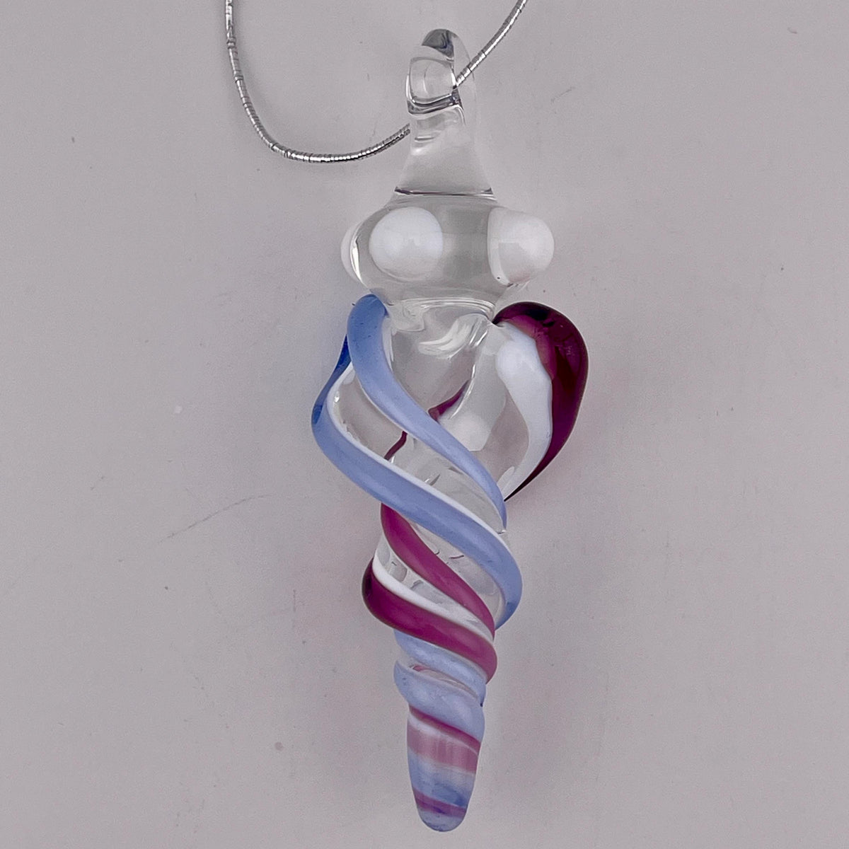 Mini Glass Icicle Ornament with Royal Jelly and Light Blue over Lotus White Color Twist - JeffBeckerGlass.com