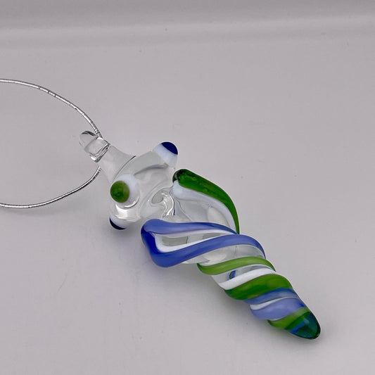 Mini Glass Icicle Ornament with Plantphibian Green and Light Blue over Lotus White Color Twist - JeffBeckerGlass.com