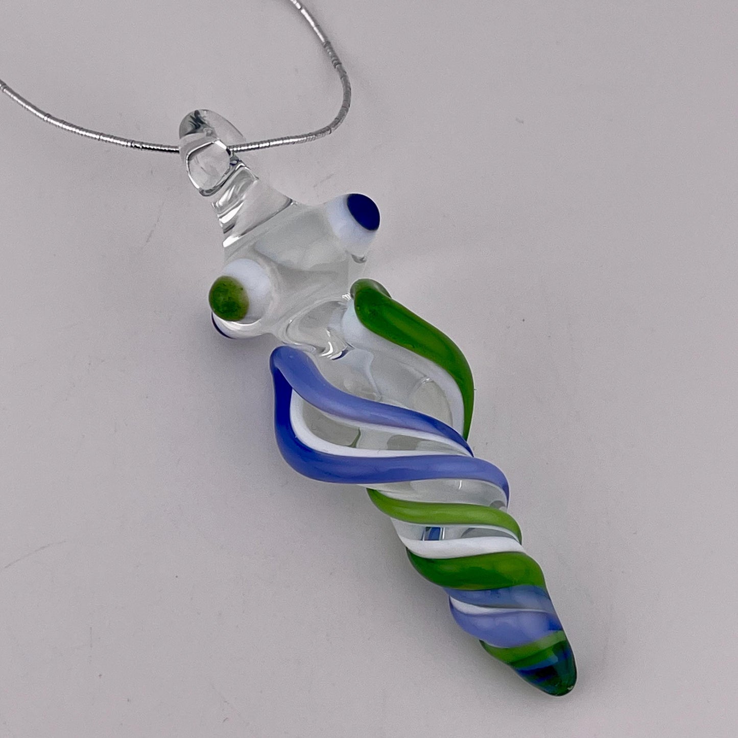 Mini Glass Icicle Ornament with Plantphibian Green and Light Blue over Lotus White Color Twist - JeffBeckerGlass.com