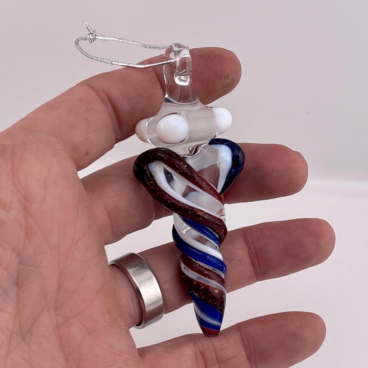 Mini Glass Icicle Ornament with Blizzard Red and Blizzard Blue over Lotus White Color Twist
