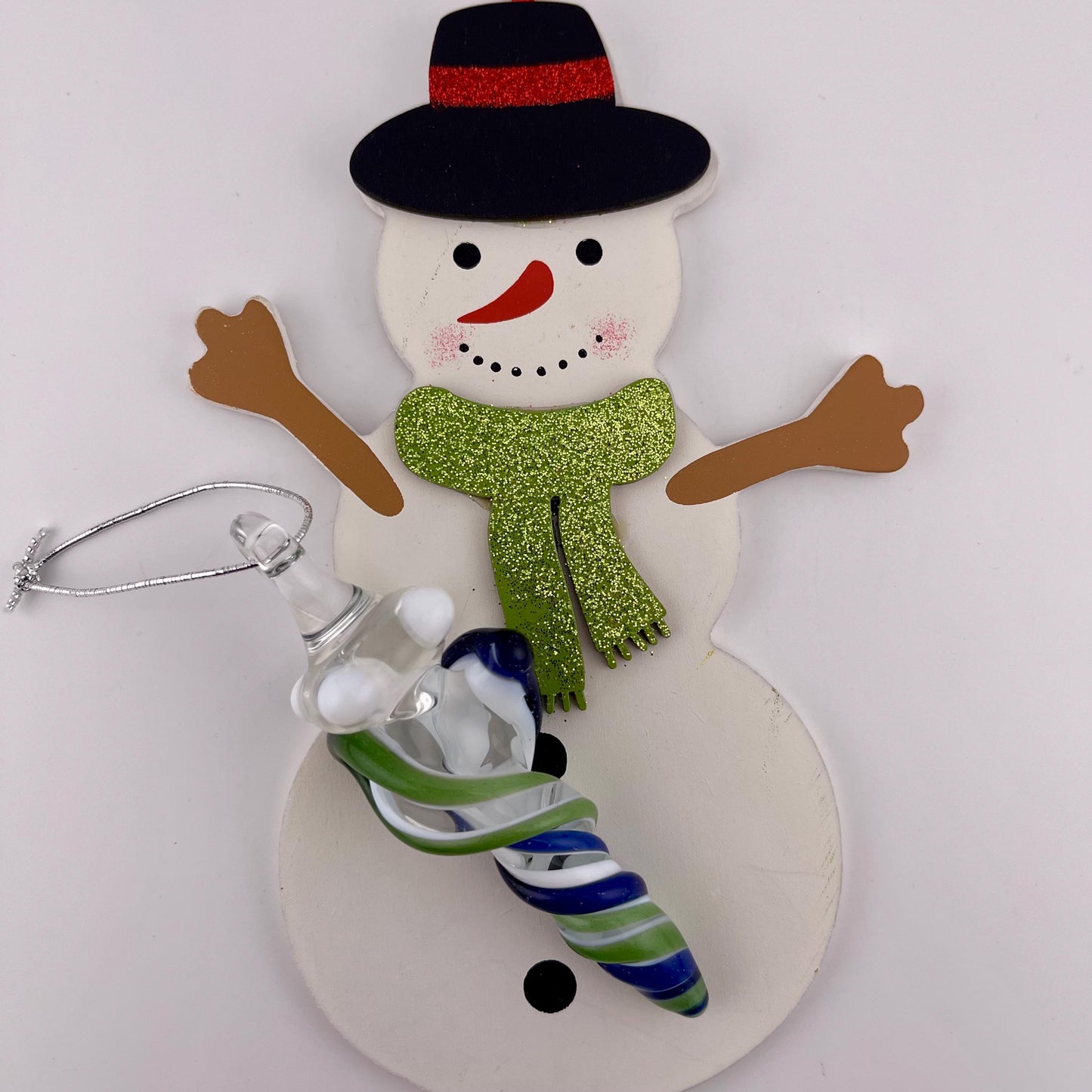 Mini Glass Icicle Ornament with Blizzard Blue and Sparkly Green over Lotus White Color Twist - JeffBeckerGlass.com