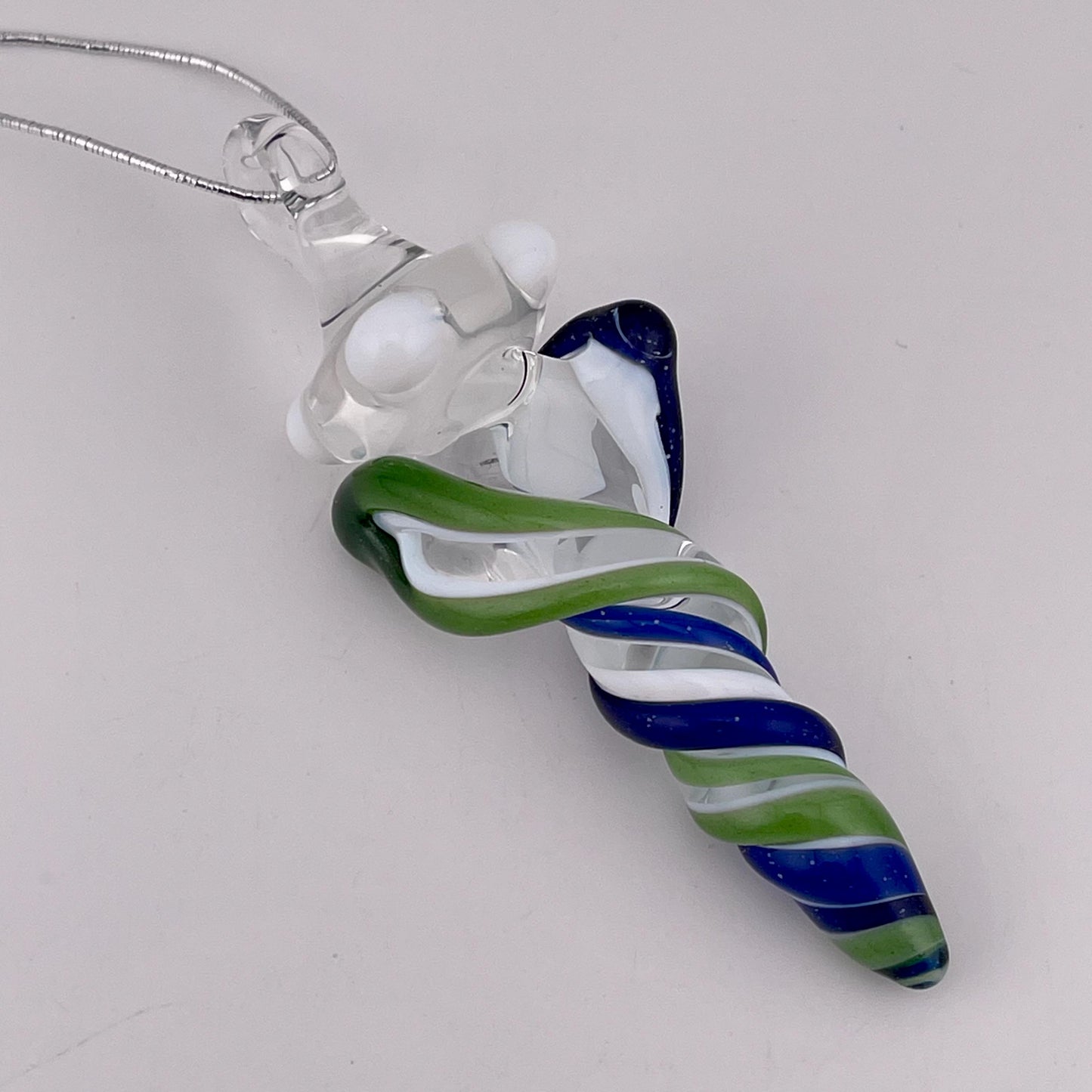 Mini Glass Icicle Ornament with Blizzard Blue and Sparkly Green over Lotus White Color Twist - JeffBeckerGlass.com