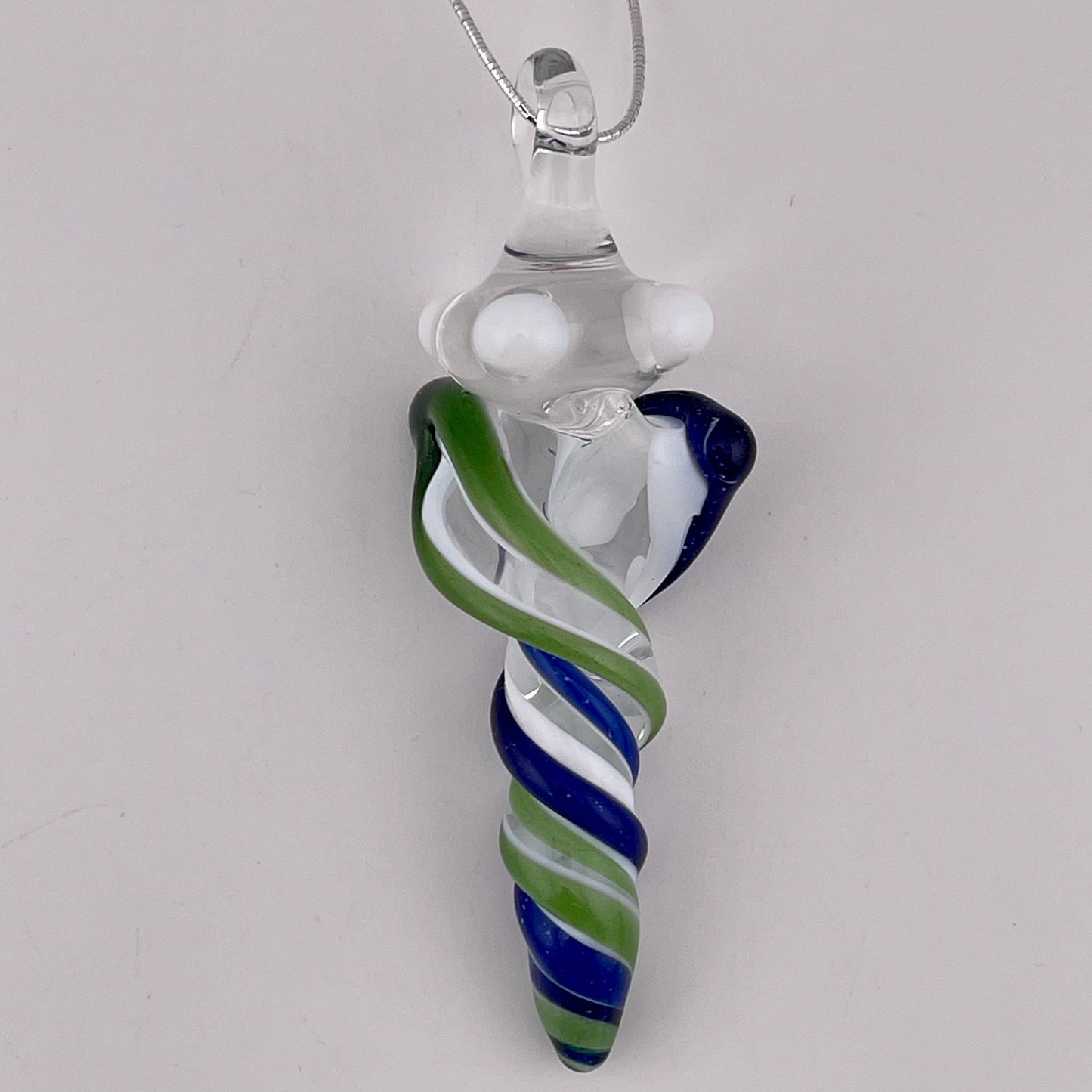 Mini Glass Icicle Ornament with Blizzard Blue and Sparkly Green over Lotus White Color Twist - JeffBeckerGlass.com