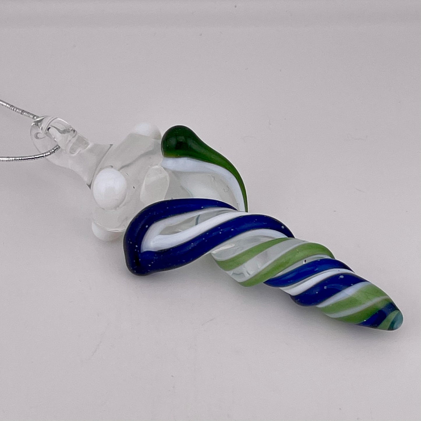 Mini Glass Icicle Ornament with Blizzard Blue and Sparkly Green over Lotus White Color Twist - JeffBeckerGlass.com