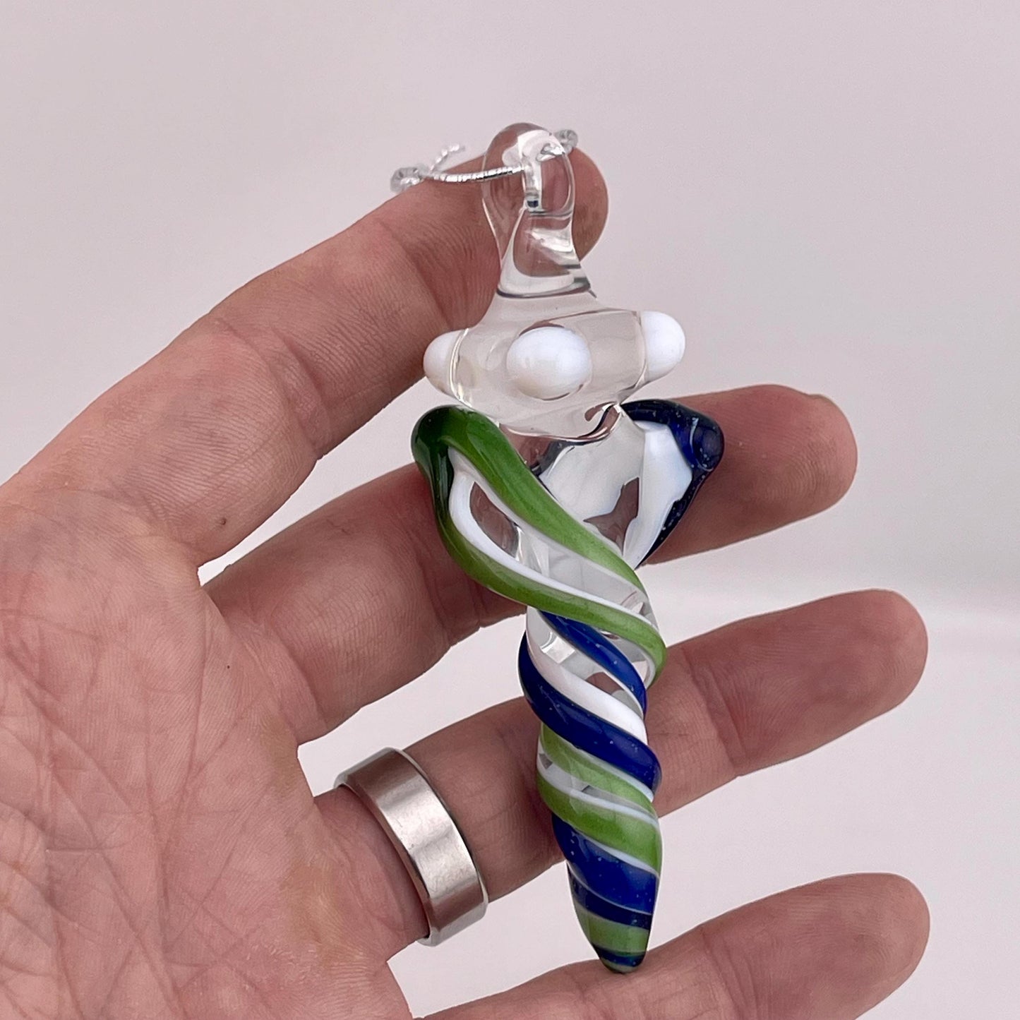 Mini Glass Icicle Ornament with Blizzard Blue and Sparkly Green over Lotus White Color Twist - JeffBeckerGlass.com