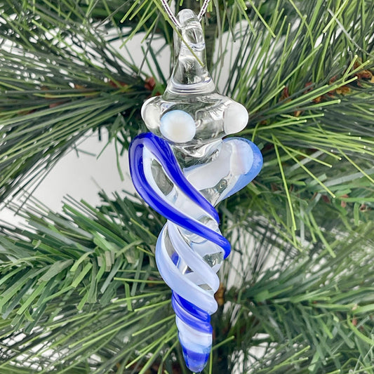 Mini Glass Icicle Cobalt Blue and Light Blue over Lotus White Color Twist - JeffBeckerGlass.com
