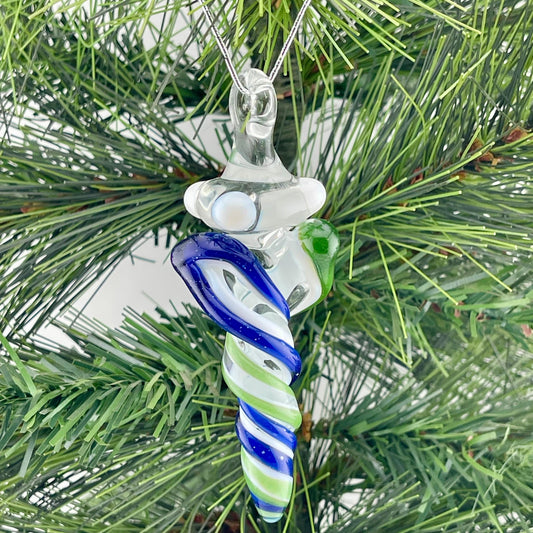 Mini Glass Icicle Ornament with Blizzard Blue and Sparkly Green over Lotus White Color Twist - JeffBeckerGlass.com