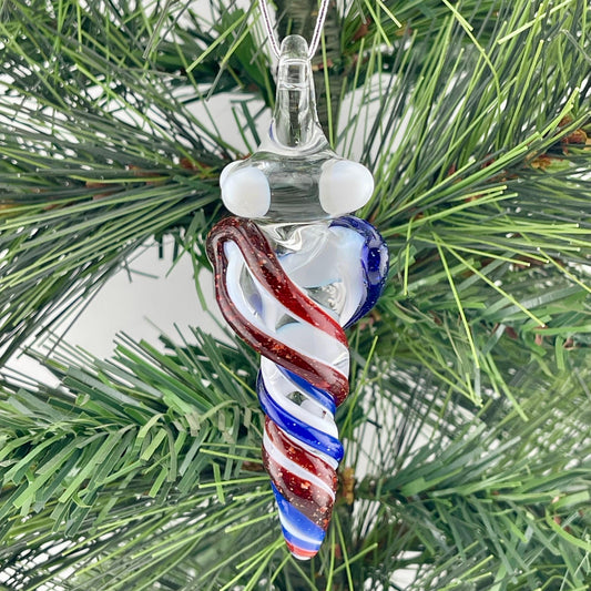 Mini Glass Icicle Ornament with Blizzard Red and Blizzard Blue over Lotus White Color Twist - JeffBeckerGlass.com