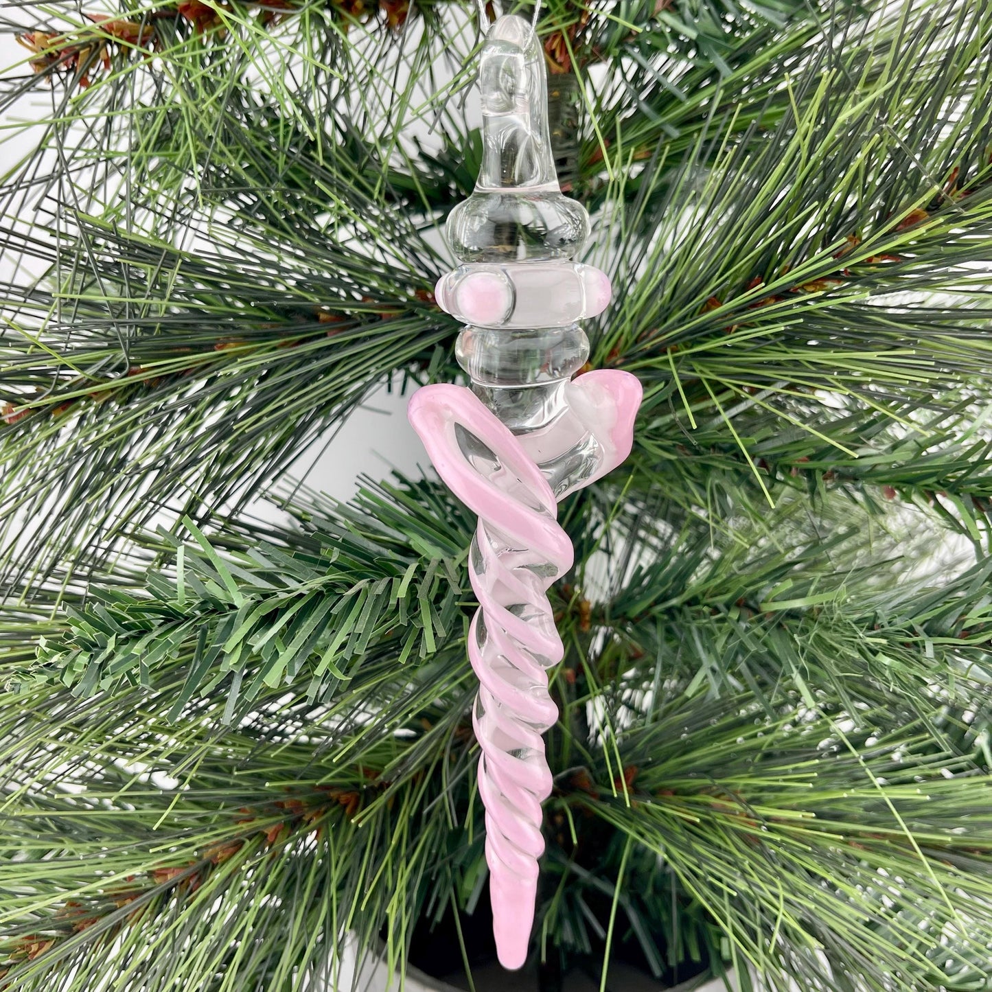 Large Maria Pink over White Glass Icicle Christmas Ornament - JeffBeckerGlass.com