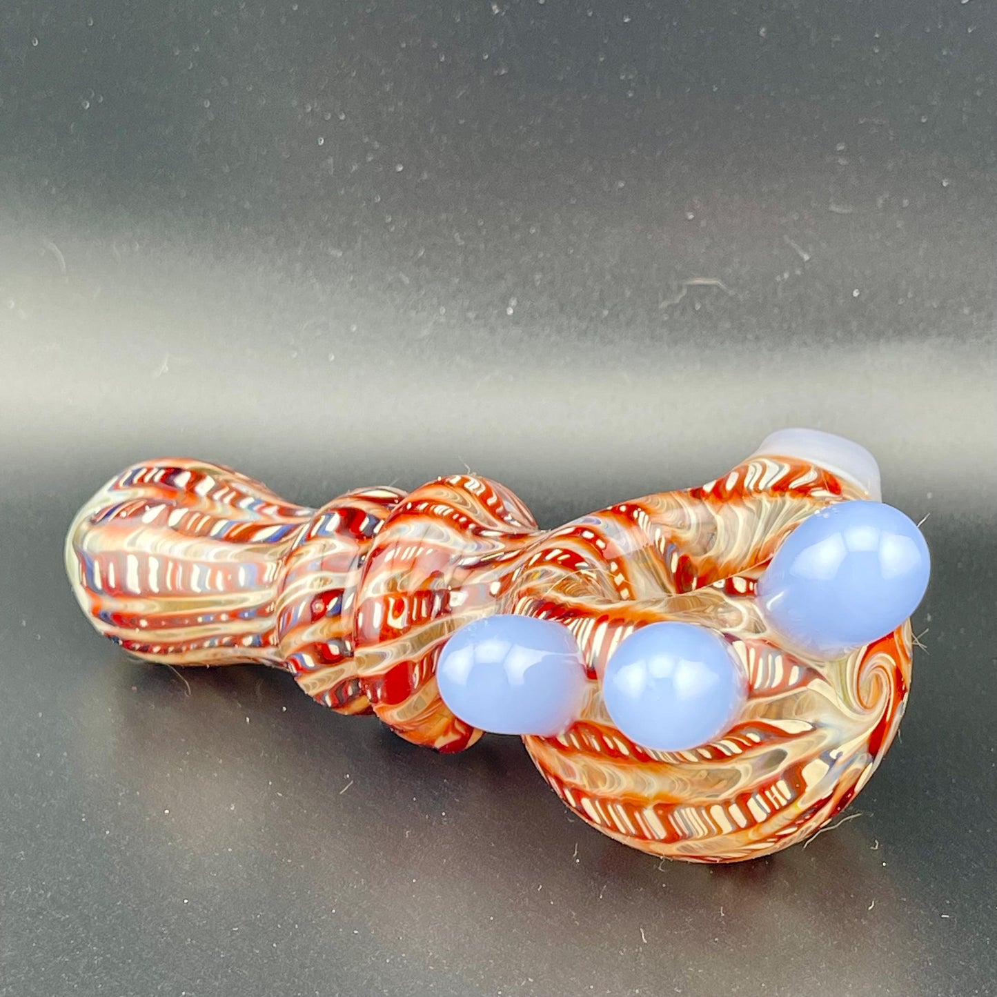 Wrap n Raked Red and Silver Fumed Spoon Pipe with light blue marbles - JeffBeckerGlass.com