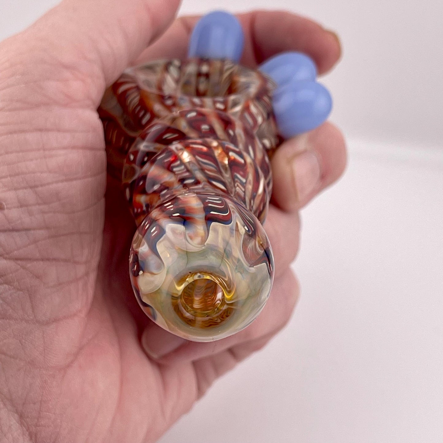 Wrap n Raked Red and Silver Fumed Spoon Pipe with light blue marbles - JeffBeckerGlass.com