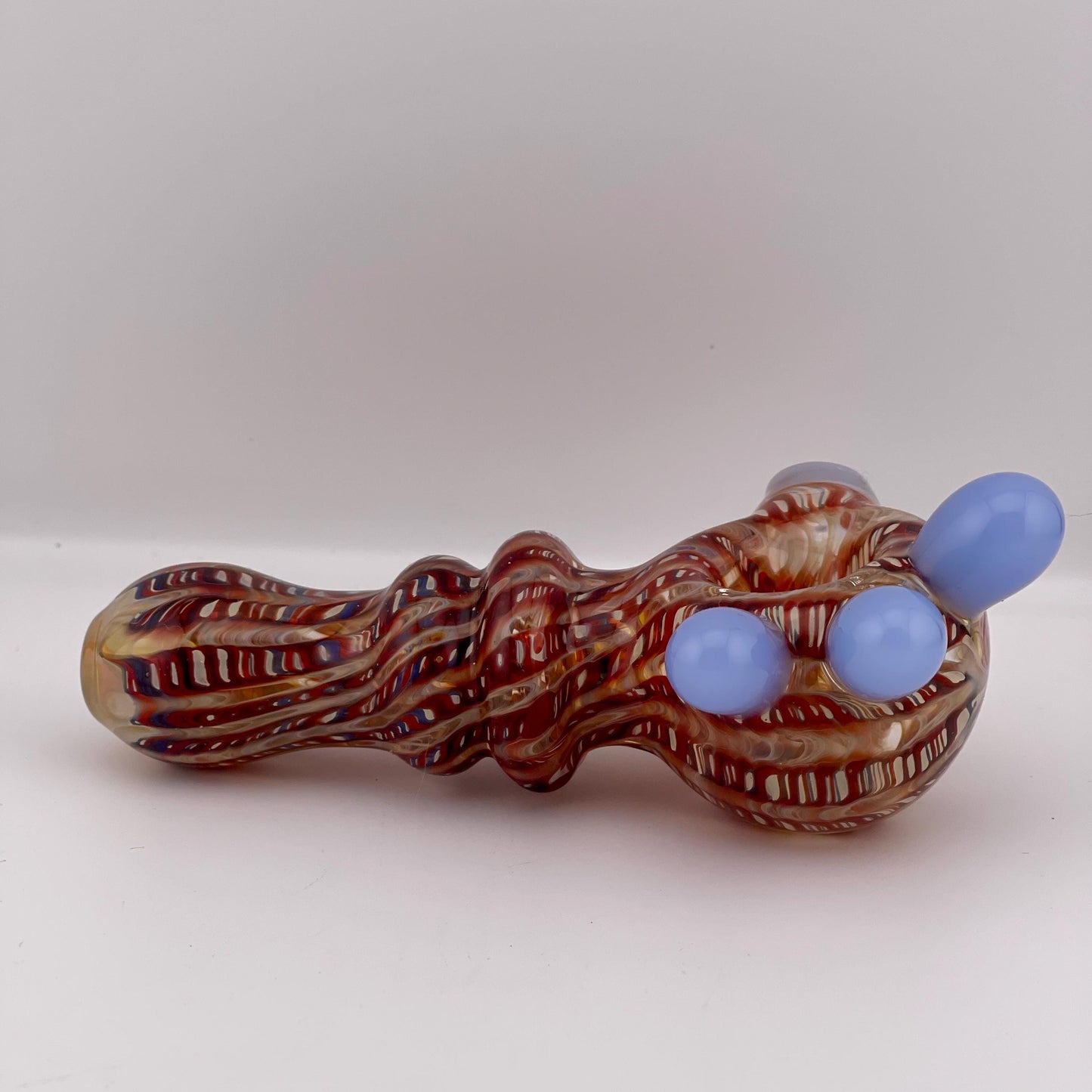 Wrap n Raked Red and Silver Fumed Spoon Pipe with light blue marbles - JeffBeckerGlass.com