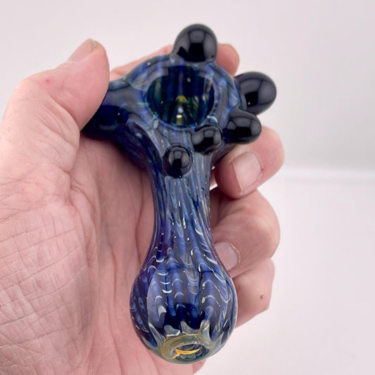 Wrap n Raked Blue and Silver Fumed Spoon Pipe with light blue marbles - JeffBeckerGlass.com