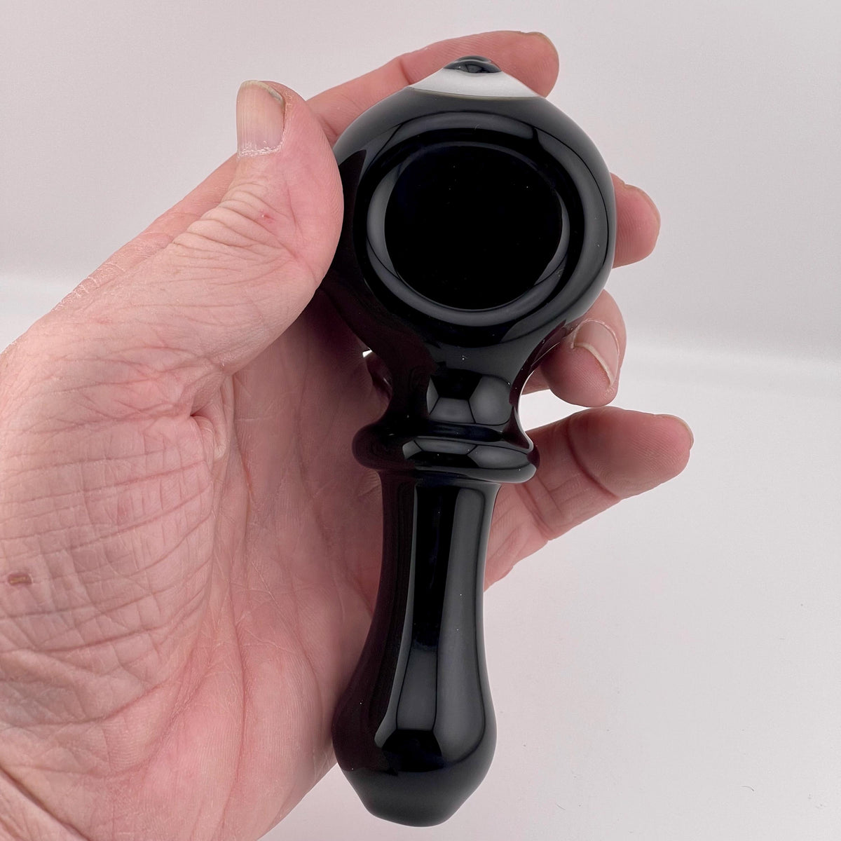 Solid Black 8 ball Spoon Pipe with white glow n the dark spiral - JeffBeckerGlass.com