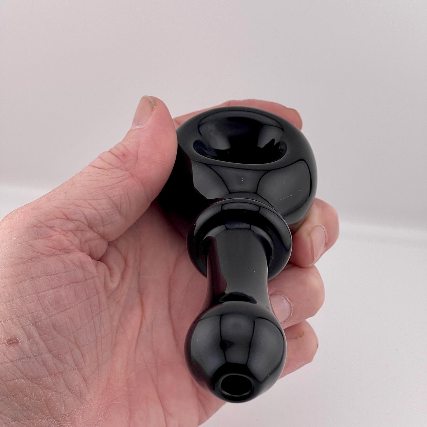 Solid Black 8 ball Spoon Pipe with white glow n the dark spiral - JeffBeckerGlass.com