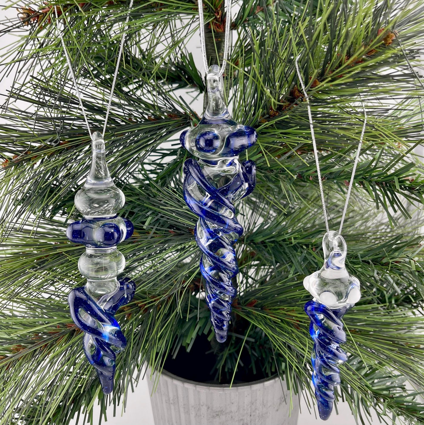 3 Pack of Cobalt Blue Glass Icicle Ornament Designs “Holiday Special” - JeffBeckerGlass.com