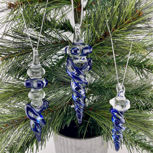 3 Pack of Cobalt Blue Glass Icicle Ornament Designs “Holiday Special” - JeffBeckerGlass.com