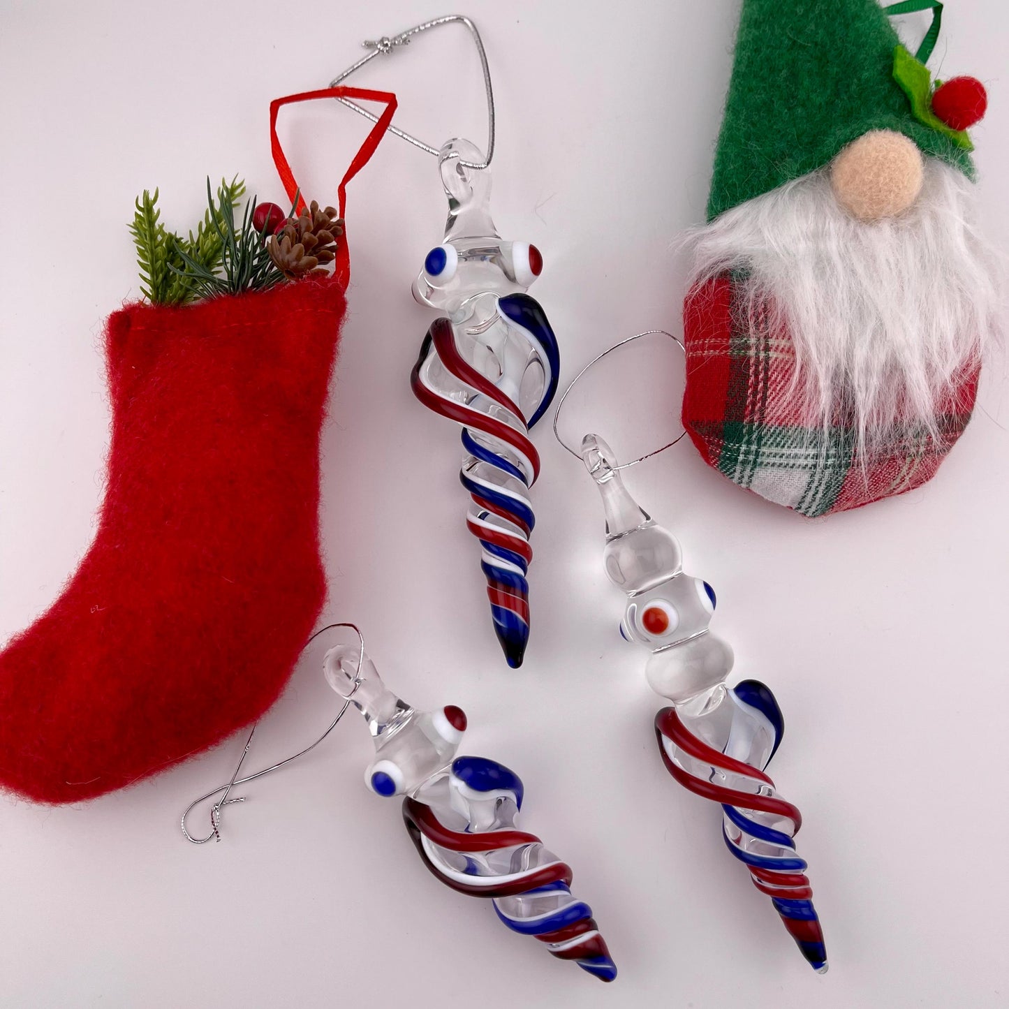 3 Pack of Elvis Red and Cobalt Blue over Lotus White Glass Icicle Ornament Designs “Holiday Special” - JeffBeckerGlass.com