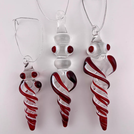 3 Pack of Elvis Red over Lotus White Glass Icicle Ornament Designs “Holiday Special” - JeffBeckerGlass.com