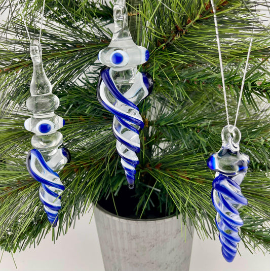 3 Pack of Cobalt Blue over Lotus White Glass Icicle Ornament Designs “Holiday Special” - JeffBeckerGlass.com