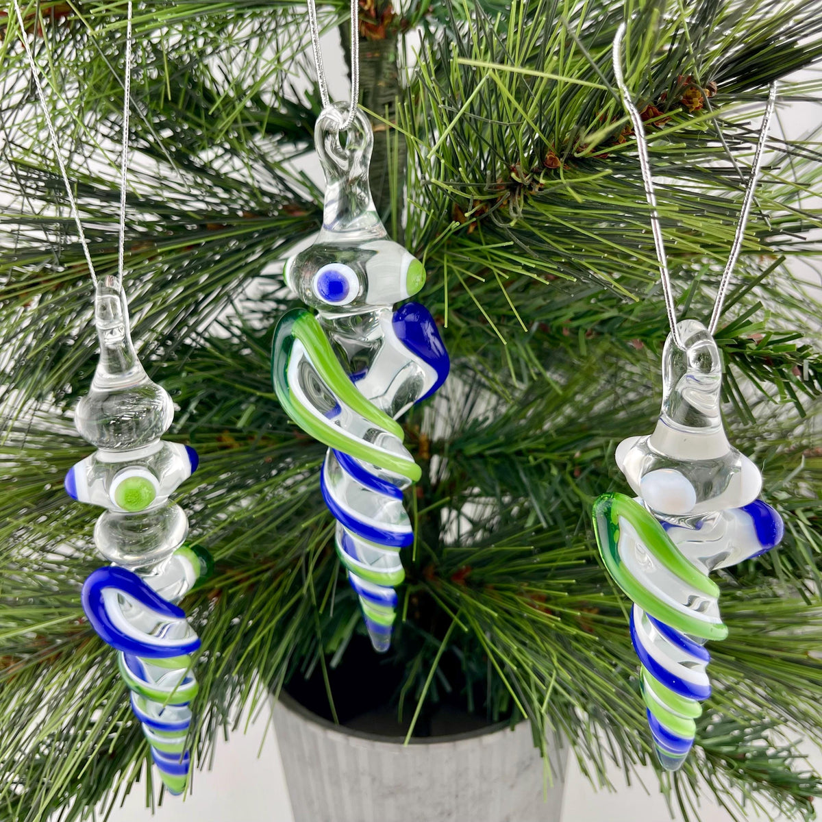 3 Pack of Sparkly Green and Cobalt Blue over Lotus White Glass Icicle Ornament Designs “Holiday Special” - JeffBeckerGlass.com